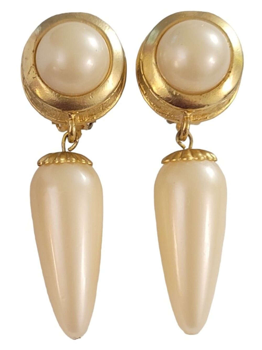 Matte Gold Tone Round Faux Pearl Cab, Teardrop Dangle Clip On Earrings K981